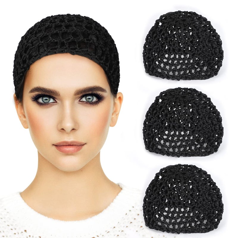 Etercycle 3 Pieces Mesh Crochet Hair Net Snoods for Women Soft Rayon Knit Crochet Hairnet Hair Cover Accessory for Sleeping Black